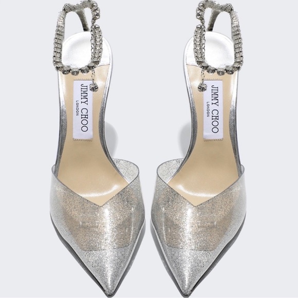 Jimmy Choo Shoes - LIKE NEW-Jimmy Choo Saeda 100 Glitter Plexi Pumps with Crystal Embellishment
